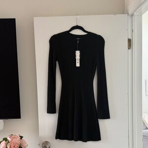 Aqua Black Ribbed Long-Sleeve Fit-and-Flare Dress